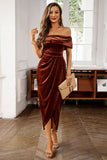 Brown Off the Shoulder Velvet Wrap Long Prom Dress