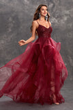 Sparkly Burgundy A-Line Ruffle Tiered Long Prom Dress with Sequins