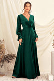 Dark Green V Neck Velvet Wrap Long Prom Dress with Long Sleeves