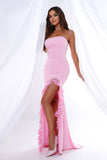 Pink Mermaid Strapless Ruffles Long Prom Dress with Slit