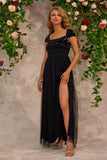 Sparkly Beading Black Square Neck Prom Dress with Slit