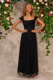 Sparkly Beading Black Square Neck Prom Dress with Slit