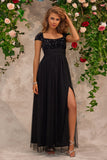 Sparkly Beading Black Square Neck Prom Dress with Slit