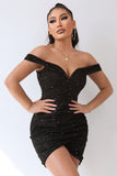 Black Sparkly Off The Shoulder Beading Bodycon Short Cocktail Dress