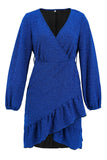 Royal Blue V Neck Wrap Ruffle Long Sleeves Short Party Dress