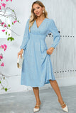 Sparkly Sky Blue A-Line Sequins Long Sleeves V Neck Long Party Dress