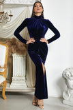 Dark Blue Mermaid Halter Neck Prom Dress with Slit