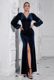 Puff Sleeves Dark Blue Ruched Long Velvet Prom Dress with Slit