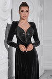 Sparkly A Line Velvet Long Prom Dress with Long Sleeves