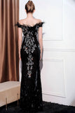 Glitter Black Mermaid Off the Shoulder Long Prom Dress with Feather