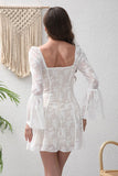 White Square Neck Lace Short Cocktail Dress with Sleeves