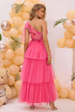 Fuchsia One Shoulder A Line Tiered Tulle Long Prom Dress