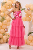 Fuchsia One Shoulder A Line Tiered Tulle Long Prom Dress