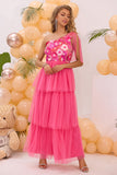 Fuchsia One Shoulder A Line Tiered Tulle Long Prom Dress