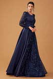 Glitter Sequins Navy A Line Long Prom Dress with Long Sleeves