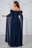 Navy Pleated A Line Off the Shoulder Long Prom Dress