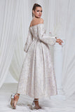 Lilac Pleated Off the Shoulder A Line Long Prom Dress with Long Sleeves