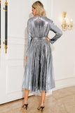 Silver A Line Pleated Long Prom Dress with Long Sleeves