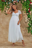 A Line White Long Maternity Bridesmaid Dress With Short Sleeves