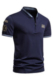 Navy Short Sleeves Zipper Cotton Men's Polo Shirt