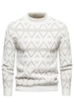 White Men's Round Neck Striped Print Pullover Sweater