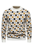 Round Neck Men's White Printed Knit Sweater