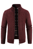 Men's Burgundy Stand Collar Thickened Cardigan Sweater