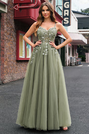 Green A Line Corset Sequin Tulle Long Prom Dress with Lace Up Back