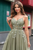 Green A Line Corset Sequin Tulle Long Prom Dress with Lace Up Back