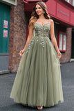 Green A Line Corset Sequin Tulle Long Prom Dress with Lace Up Back