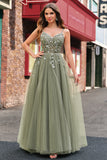 Green A Line Corset Sequin Tulle Long Prom Dress with Lace Up Back