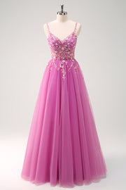 Sparkly Purple A-Line Appliqued Long Prom Dress with Slit