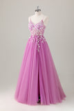 Sparkly Purple A-Line Appliqued Long Prom Dress with Slit