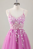 Sparkly Purple A-Line Appliqued Long Prom Dress with Slit