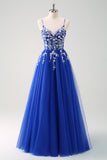 Sparkly A-Line Royal Blue Spaghetti Straps Corset Long Prom Dress