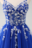 Sparkly A-Line Royal Blue Spaghetti Straps Corset Long Prom Dress