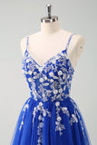 Sparkly A-Line Royal Blue Spaghetti Straps Corset Long Prom Dress