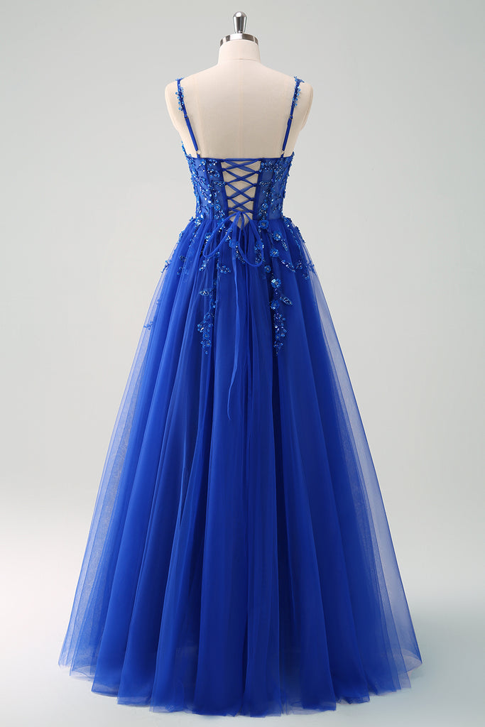 Zapaka Women Sparkly Royal Blue Prom Dress A-Line Spaghetti Straps