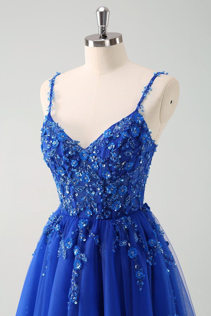 Vintage A Line Spaghetti Straps Royal Blue Long Prom Dresses Evening Gowns C3045 main image 0