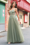 Green A Line Corset Sequin Tulle Long Prom Dress with Lace Up Back