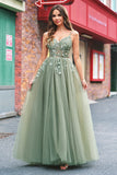 Green A Line Corset Sequin Tulle Long Prom Dress with Lace Up Back