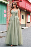 Green A Line Corset Sequin Tulle Long Prom Dress with Lace Up Back