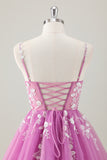 A Line Blush Spaghetti Straps Tulle Corset Sequins Homecoming Dress with Appliques