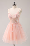 A Line Blush Spaghetti Straps Tulle Corset Sequins Homecoming Dress with Appliques