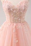 A Line Blush Spaghetti Straps Tulle Corset Sequins Homecoming Dress with Appliques