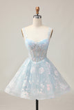 White A-Line Corset Short Floral Homecoming Dress with Sequins
