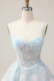 Sparkly Light Blue A Line Spaghetti Straps Corset Long Homecoming Dress