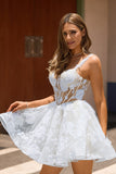 White A-Line Corset Short Floral Homecoming Dress with Sequins