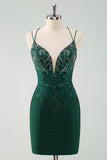 Dark Green Bodycon Spaghetti Straps Short Homecoming Dress with Beading