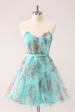 Fluffy Strapless Green Floral Short Homecoming Dress